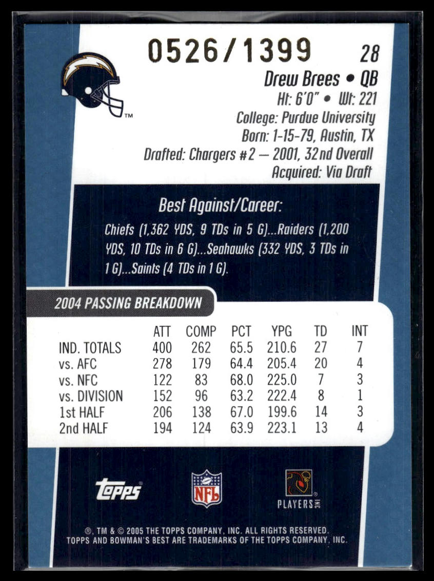 2005 Bowman's Best #28 Drew Brees Blue #/1399