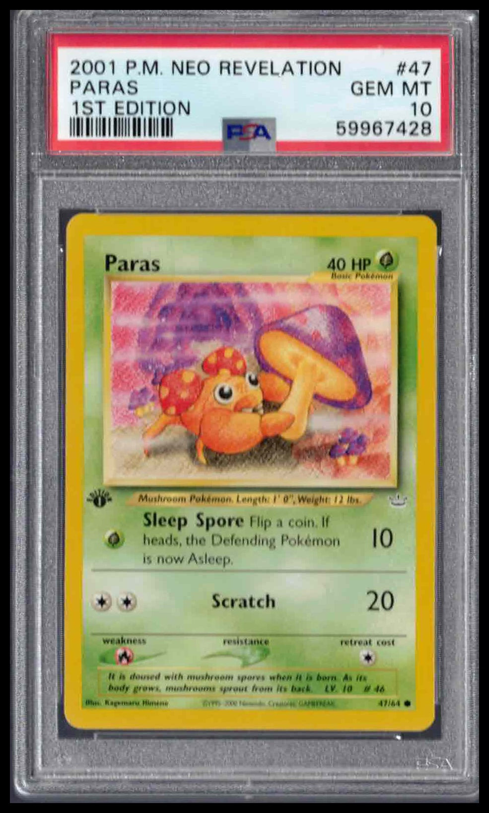 PSA 10 - 2001 POKEMON NEO REVELATION 1ST EDITION #47 PARAS 1ST EDITION