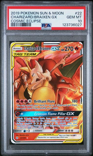 PSA 10 - 2019 POKEMON SUN & MOON COSMIC ECLIPSE #22 CHARIZARD/BRAIXEN GX COSMIC ECLIPSE