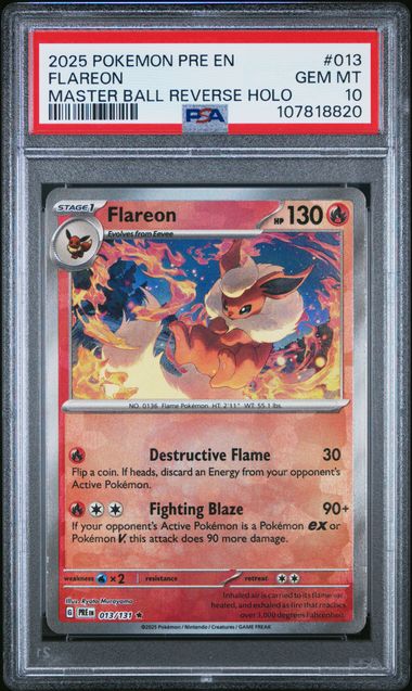 Pokémon Prismatic Evolutions 2025 #013 Flareon Master Ball Reverse Holo PSA 10 Gem Mint