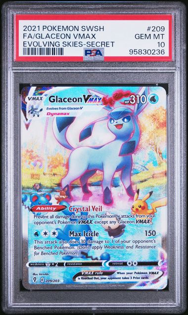 Pokémon Evolving Skies 2021 #209 Glaceon VMAX Secret Rare PSA 10 Gem Mint