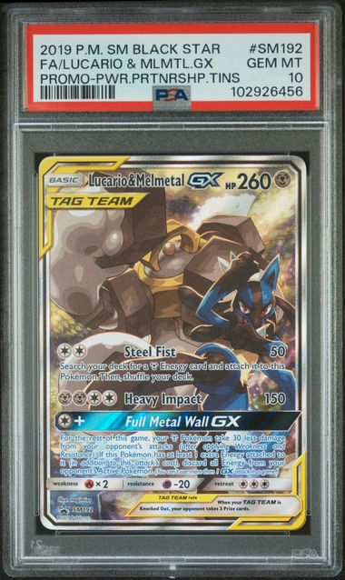 PSA 10 - 2019 POKEMON SM BLACK STAR PROMO #SM192 FA/LUCARIO & MLMTL.GX PROMO-PWR.PRTNRSHP.TINS