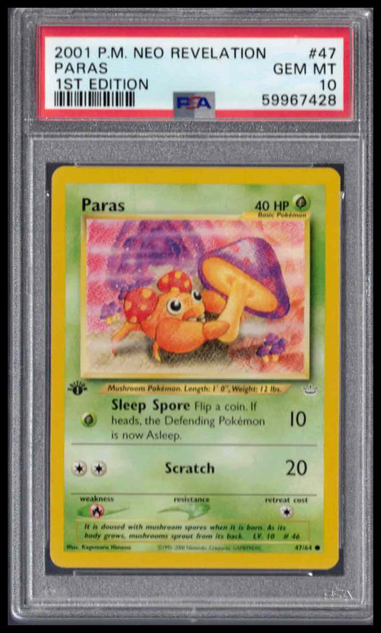 PSA 10 - 2001 POKEMON NEO REVELATION 1ST EDITION #47 PARAS 1ST EDITION