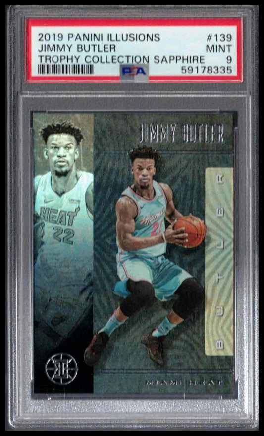 PSA 9 - 2019 PANINI ILLUSIONS #139 JIMMY BUTLER TROPHY COLLECTION SAPPHIRE