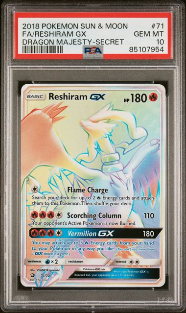 PSA 10 - 2018 POKEMON SUN & MOON DRAGON MAJESTY #71 FA/RESHIRAM GX DRAGON MAJESTY-SECRET